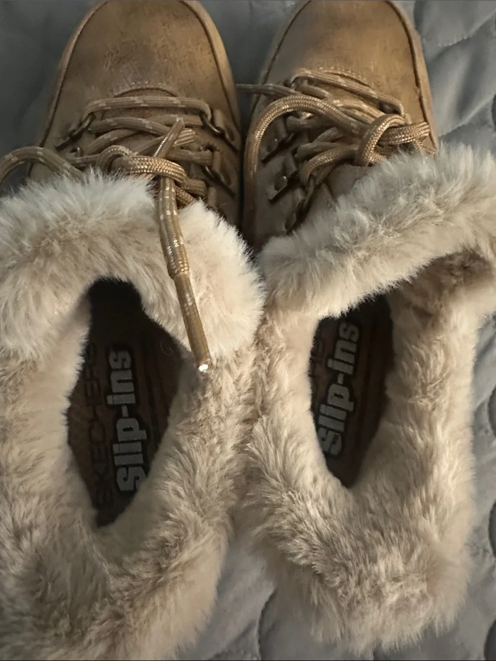 Skechers Tan Faux-Fur Lined Suede Lace-Up Shoes